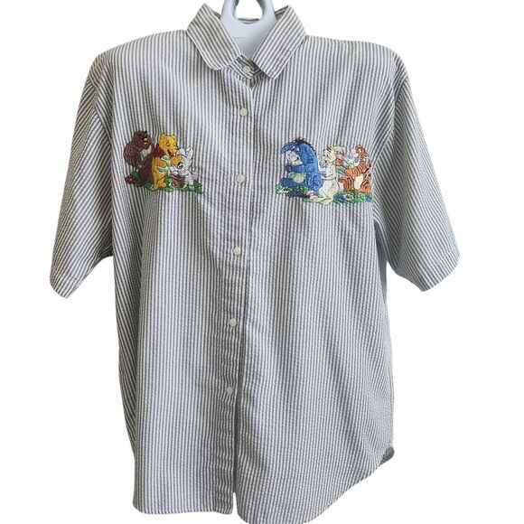 Winnie The Pooh Seersucker Embroidered Camp Shirt-Grandmacore-Gray/White-Loose L - Picture 1 of 10